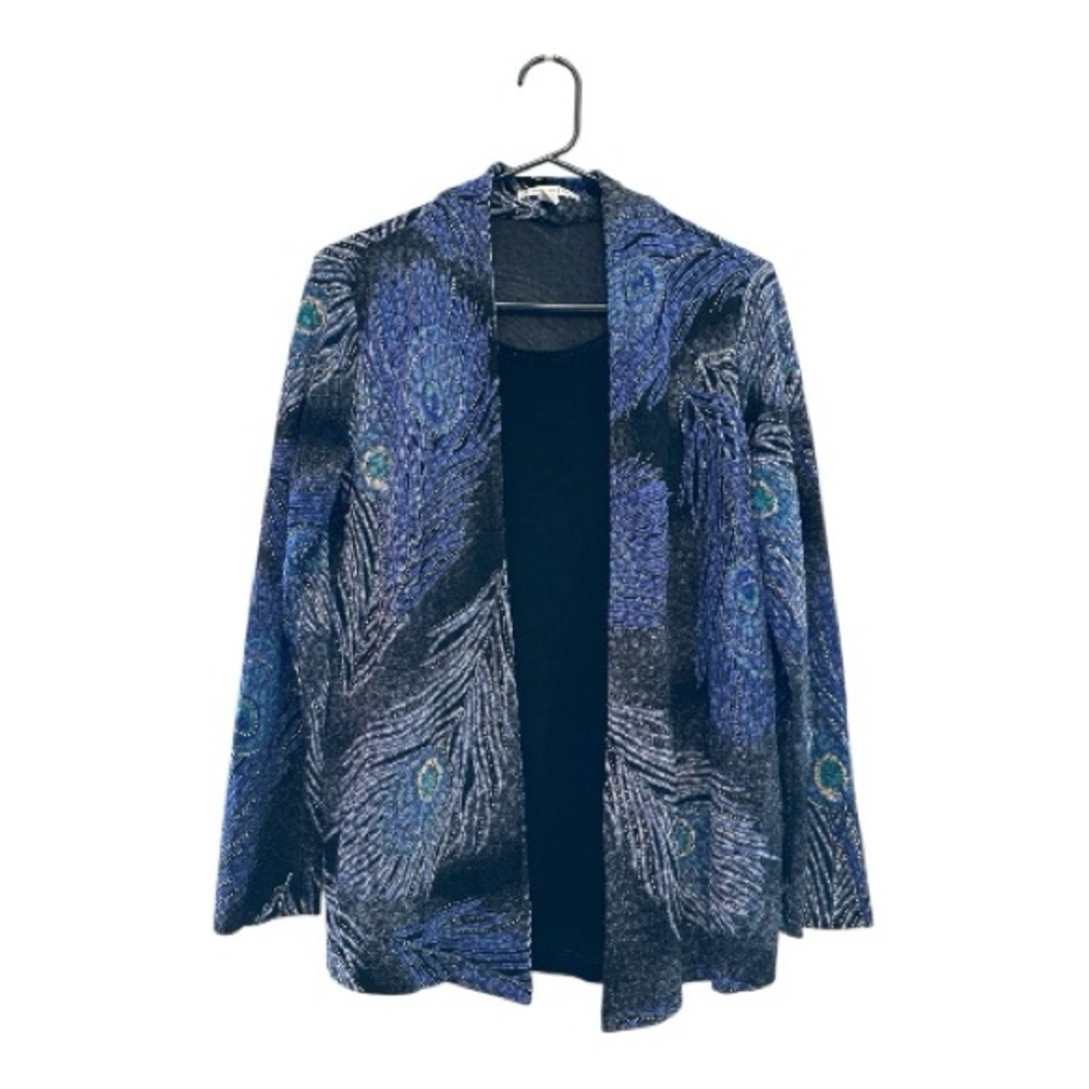 Late Y2K Era JM Collection Blue and Black Peacock Blouse Size Medium Petite